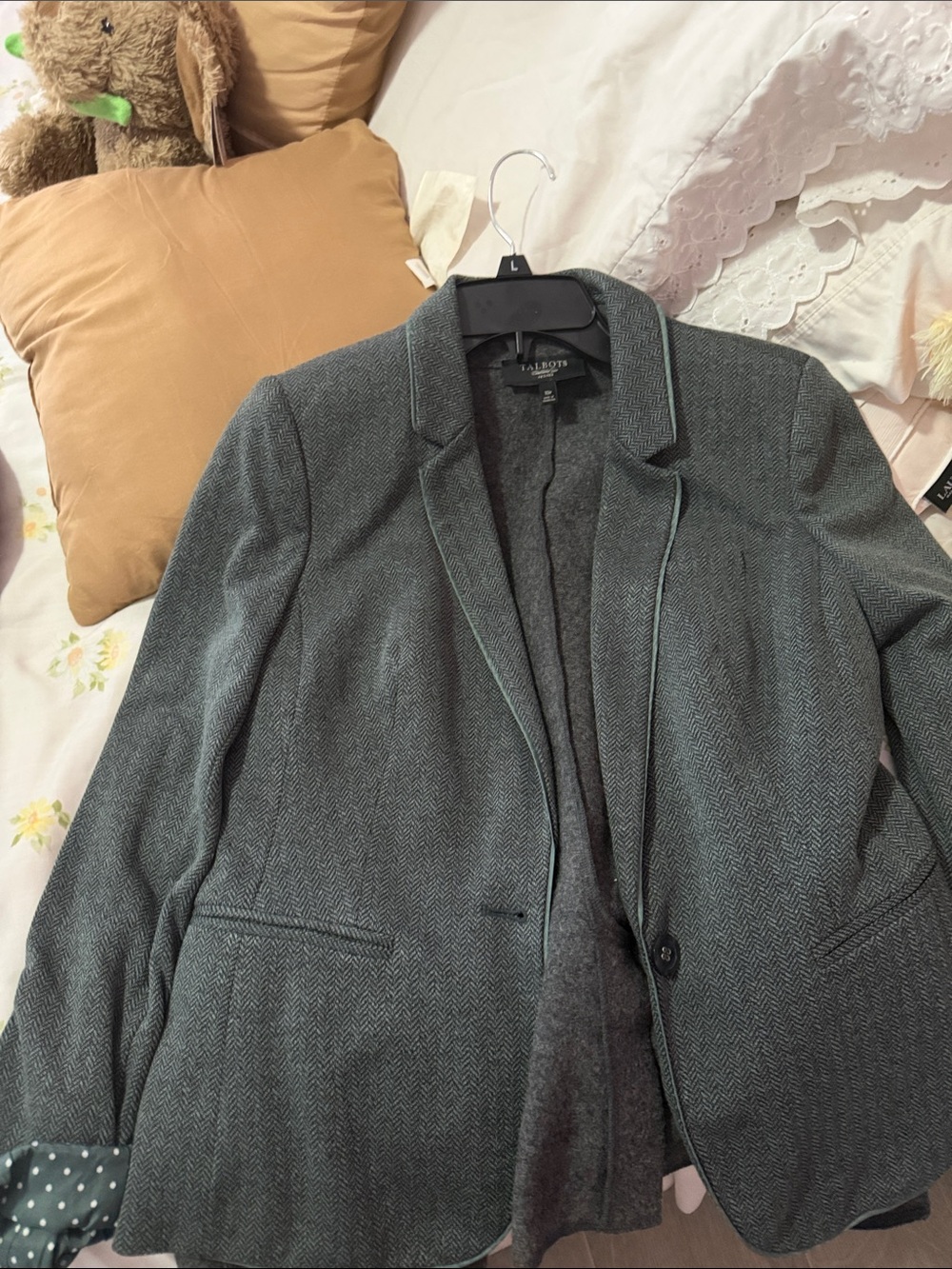 Talbots Gray Herringbone Women's Blazer with Subtle Piping